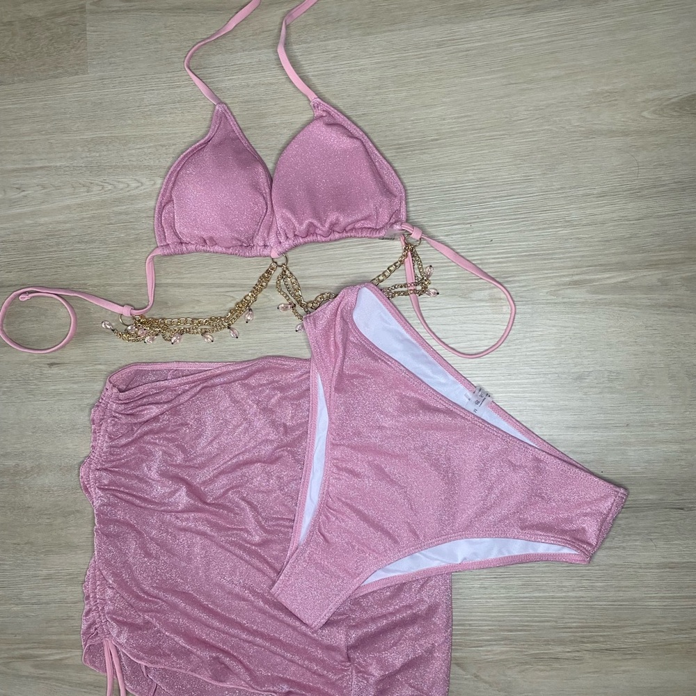 Pink Shimmer Bikini Set with Skirt
